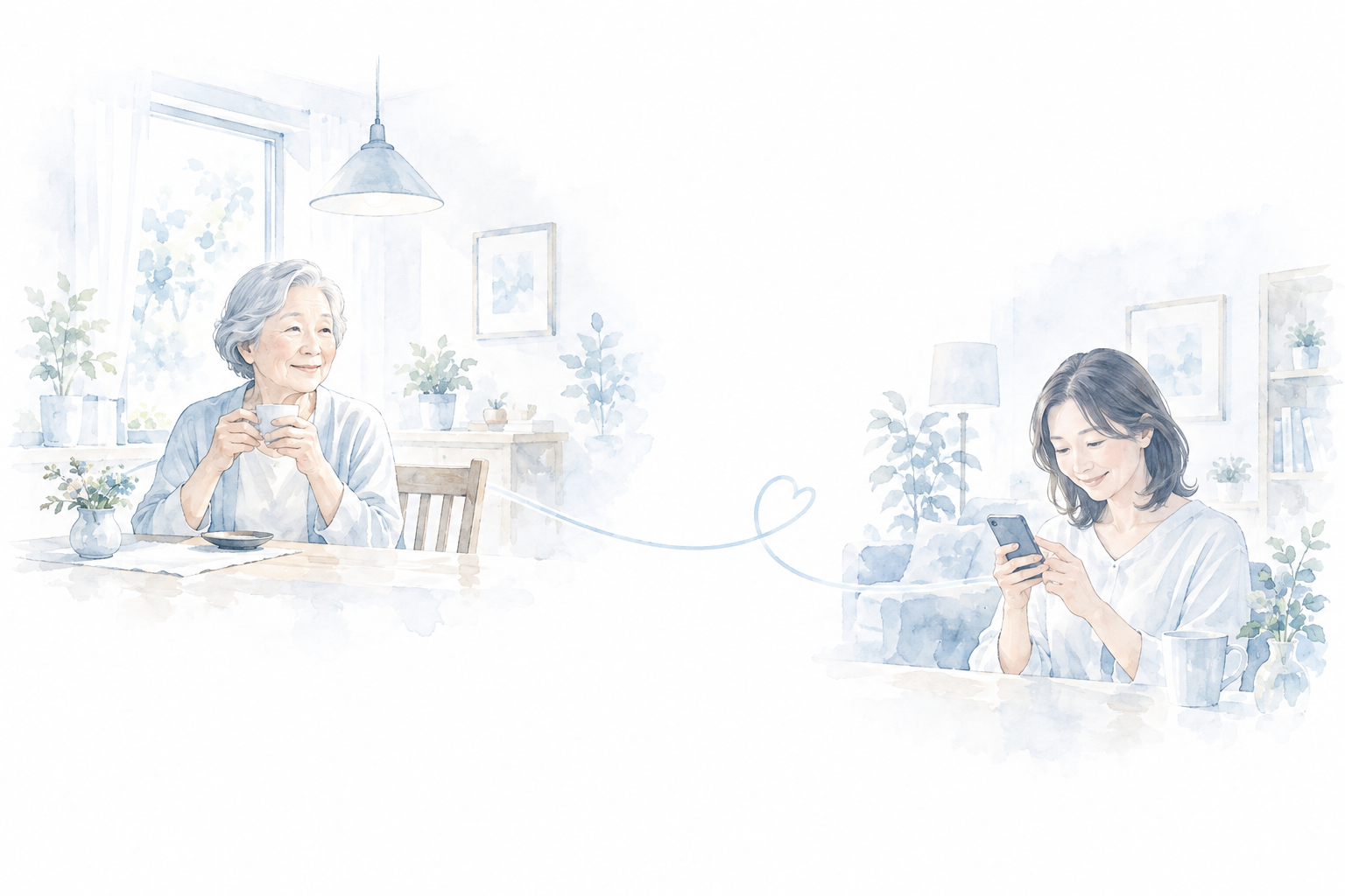 実家でお茶を飲む母と、離れた家から様子を気にかける娘のイラスト